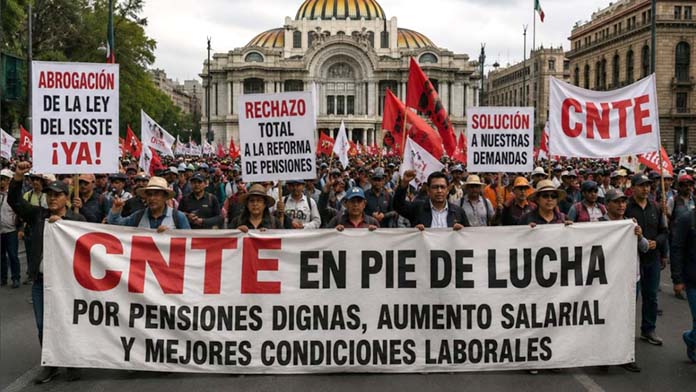 Mexican teachers marching with CNTE banners.