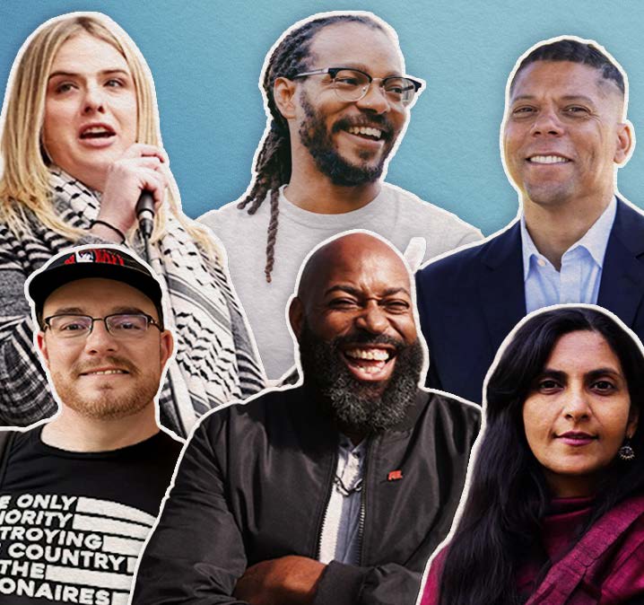 A collage of six independent socialist candidates: Brittany Kubicek (RI), Andre Easton (NY), Ramsey Robinson (CA), Ben Davis (IN), Greg Levy (OH), & Kshama Sawant (WA).